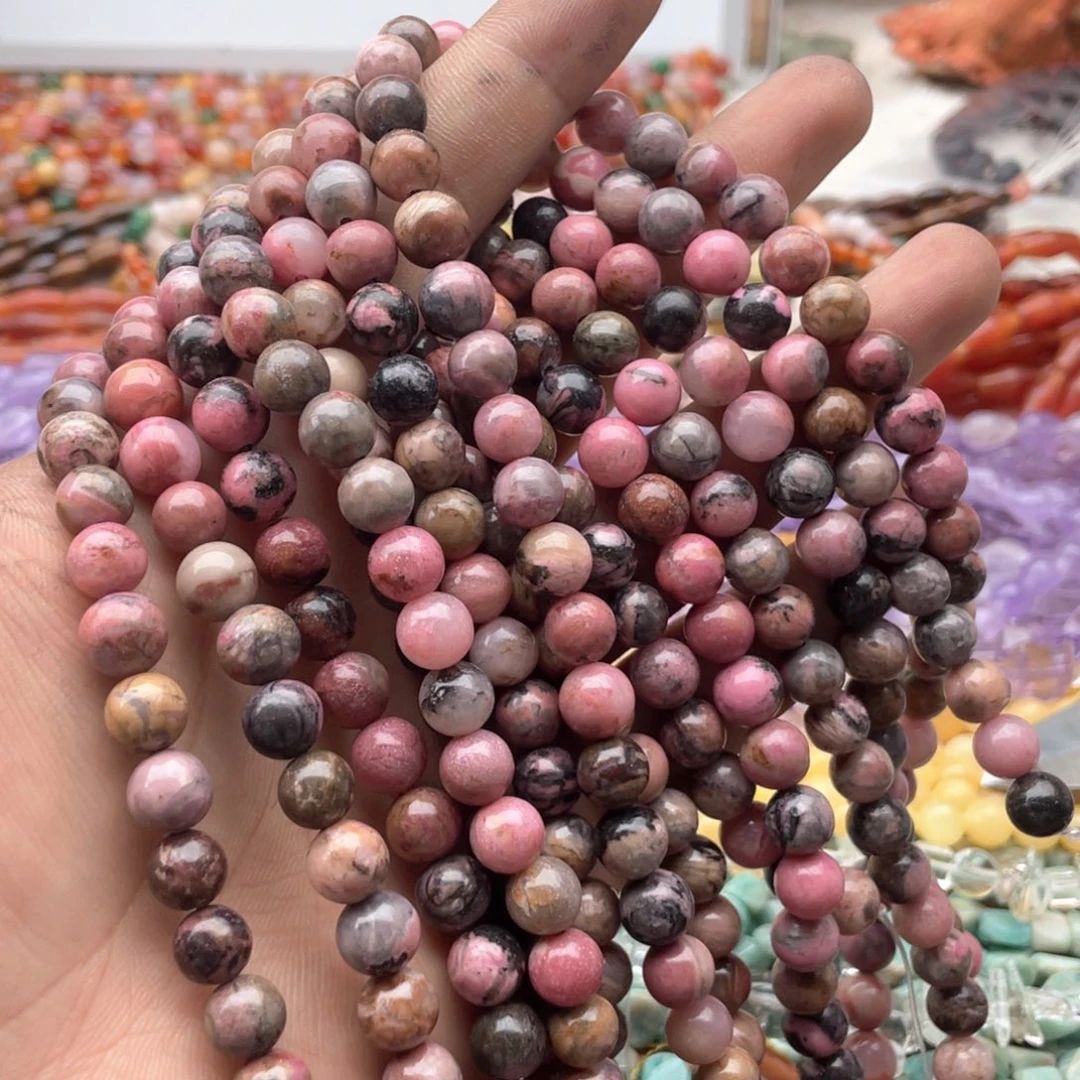 玛瑙/玉髓未镶嵌珠宝半成品两条装卡8mm黑粉红纹圆珠