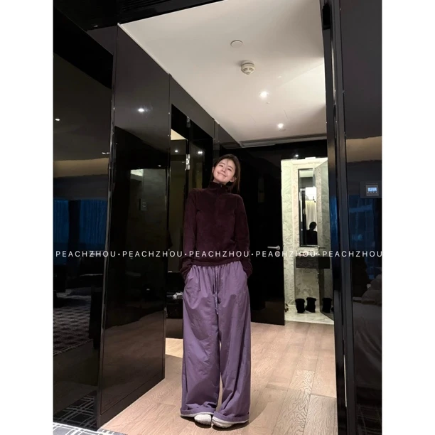 『PEACHZHOU』加绒保暖宽松直筒休闲裤松紧腰百搭阔腿长裤
