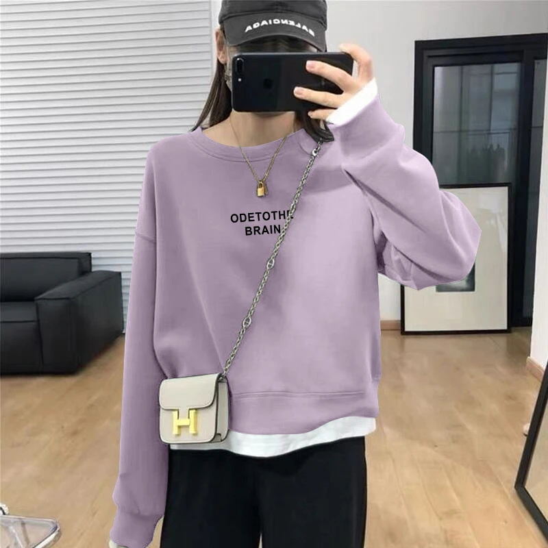 假两件圆领套头短款卫衣女加绒加厚秋冬上衣宽松小个子春秋薄款