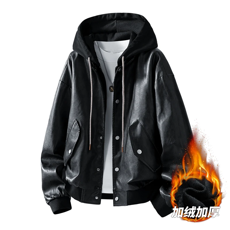 AJ男款pu皮衣微宽松连帽潮流2025秋季韩版常规休闲链加绒加厚皮衣