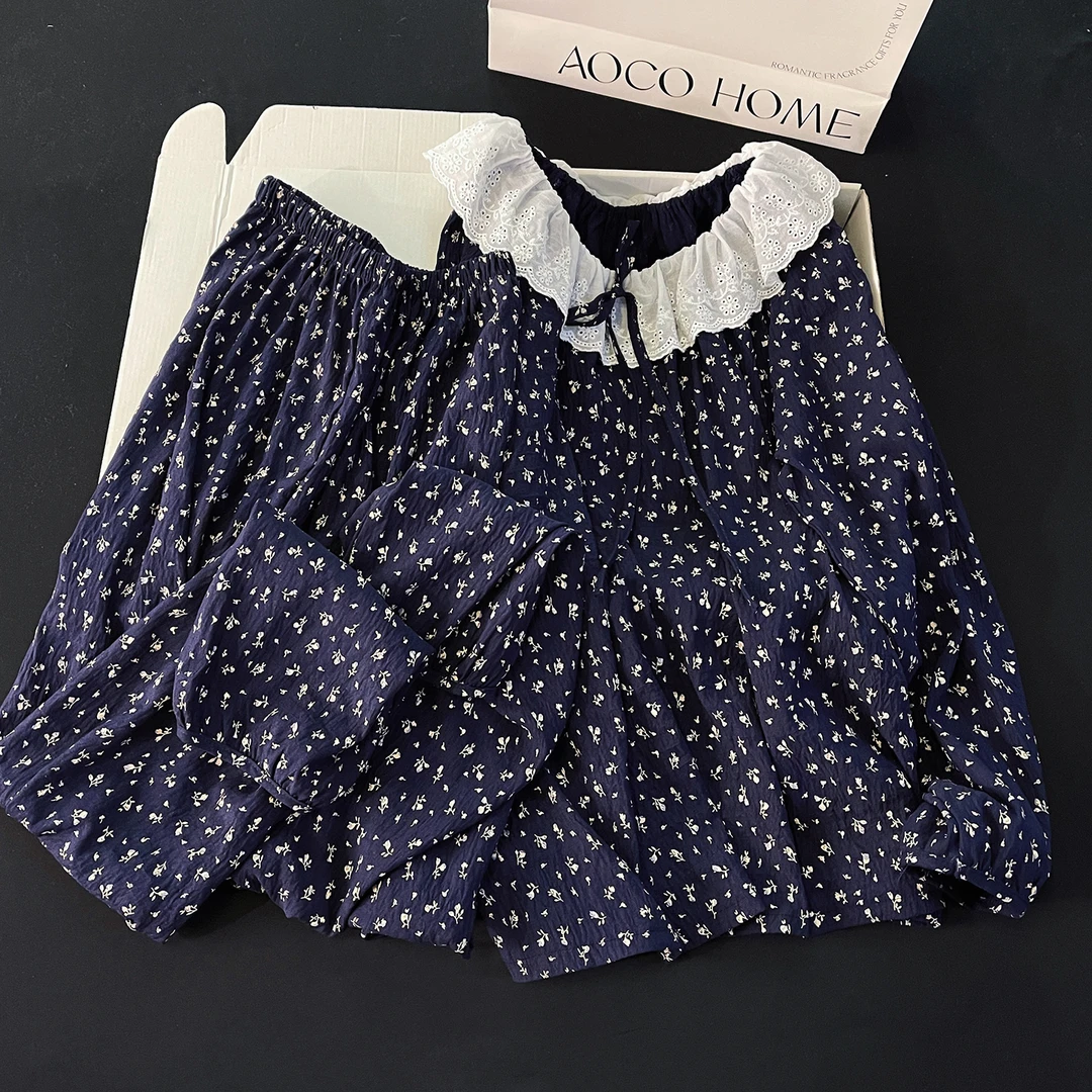 韩系小碎花睡衣女春秋冬季天圆领宽松家居服长袖蕾丝边家居服套装