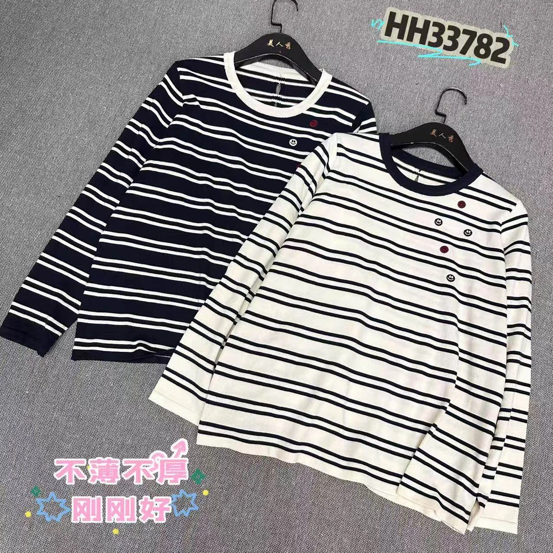 妃儿红家秋冬新款女装休闲长袖百搭大码条纹针织衫毛衣上衣HH3782