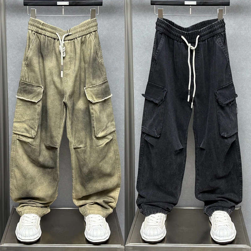 韩版时尚痞帅脏脏直筒工装裤男士秋季新款大口袋设计休闲阔腿长裤
