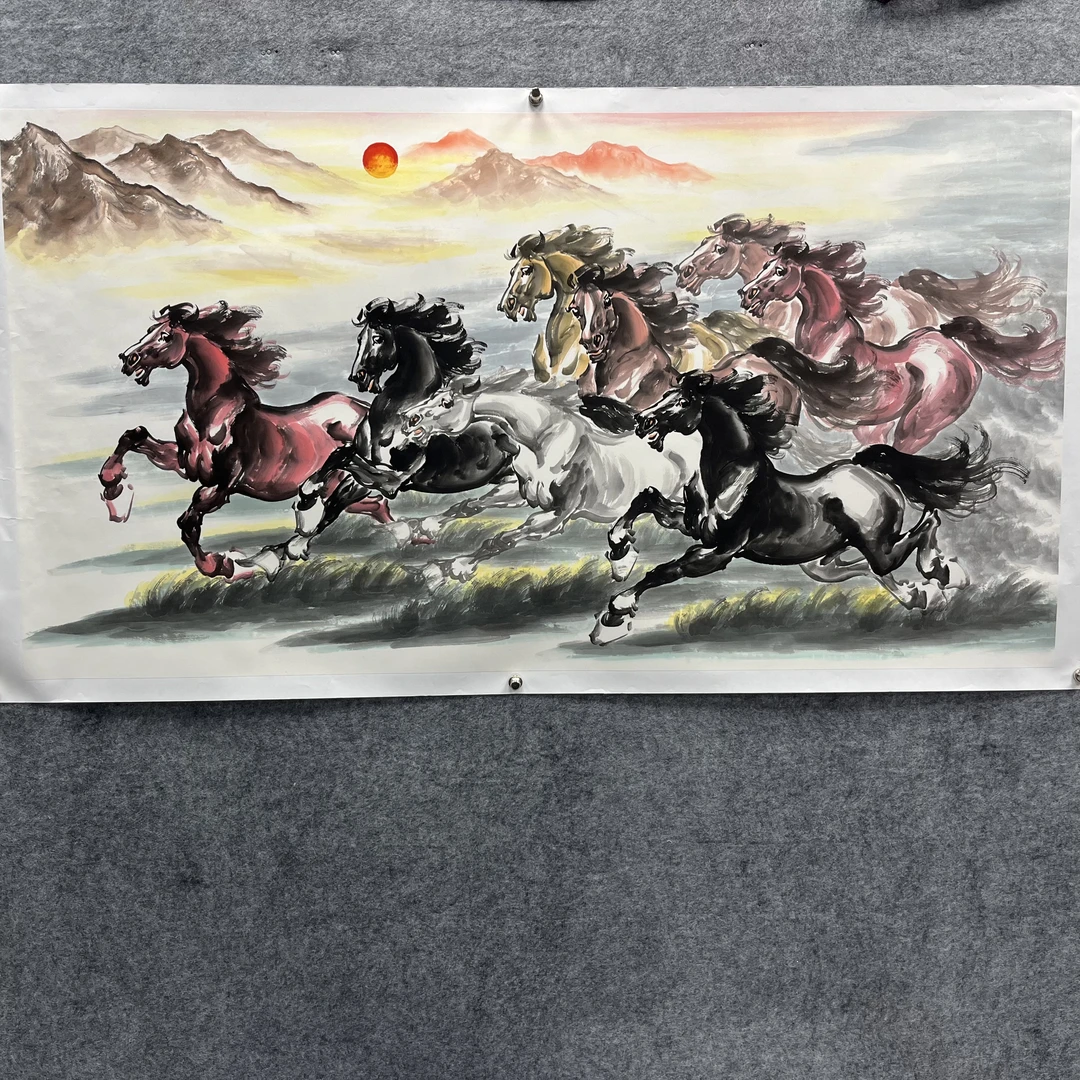 齐振家亲笔手绘【八骏图】1.9*1m送锦礼盒收藏送礼作品