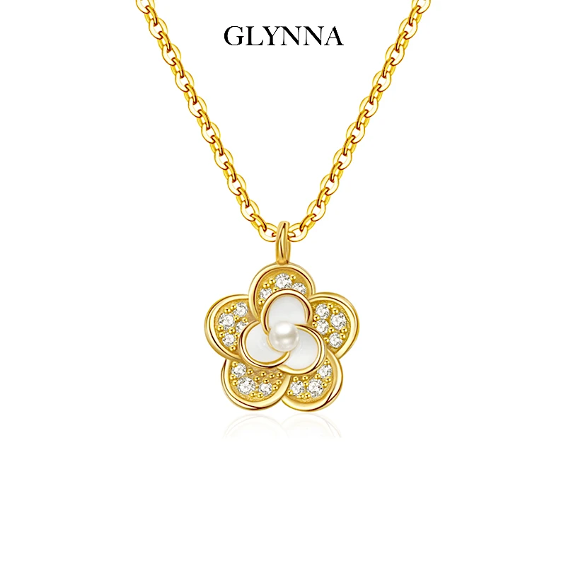 坠链均925银锆石 小香风山茶花珍珠项链女轻奢小众高级感锁骨链