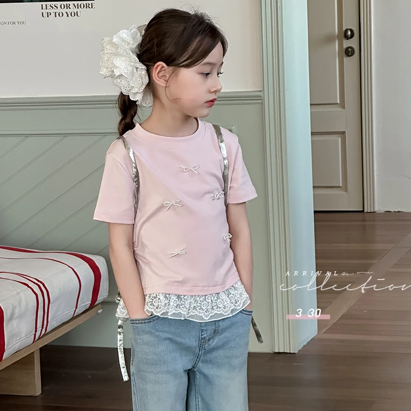 女童短袖T恤2025夏季新款儿童韩系蝴蝶结上衣中大童洋气蕾丝半袖