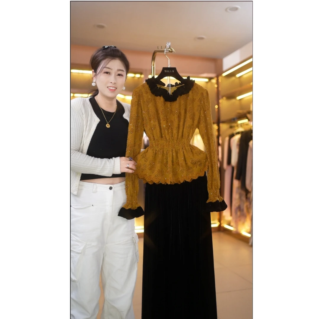 【娟专属】秋冬季复古焦糖色蕾丝花边气质优雅上衣6030-1