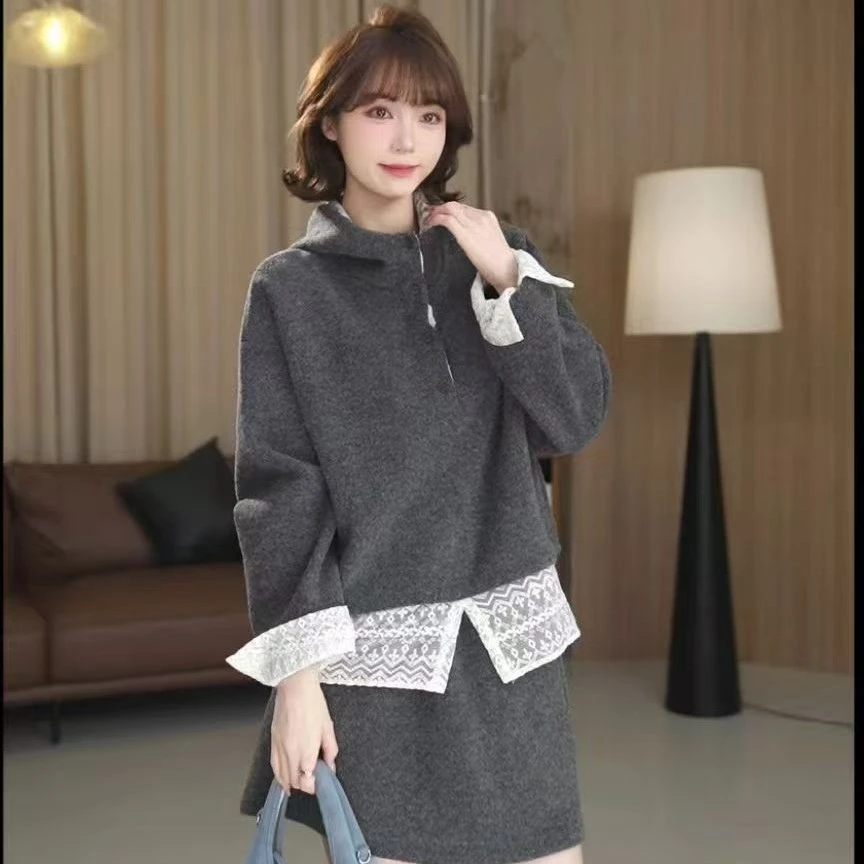 蕾丝拼接连帽时尚套裙慵懒风