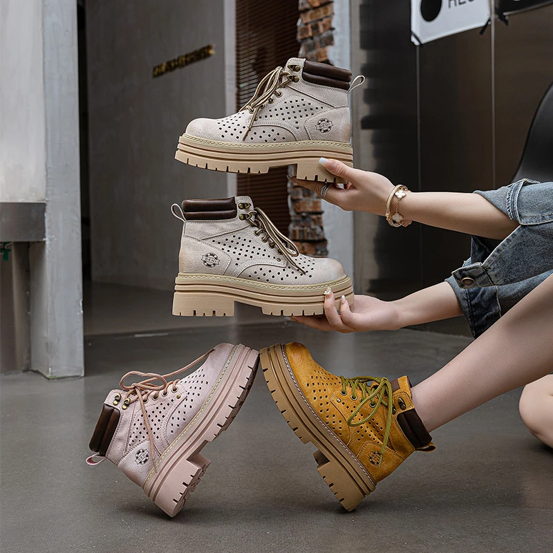 马丁靴女夏季英伦风磨砂皮复古百搭镂空透气厚底大黄靴登山凉靴子