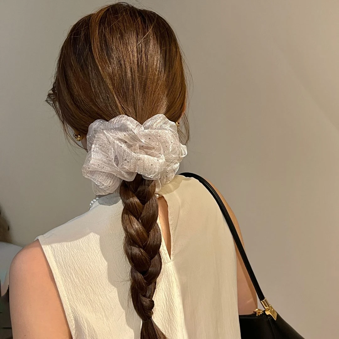 新款云朵泡泡纱网纱满天星超大烫钻大肠发圈女条纹头绳气质发绳