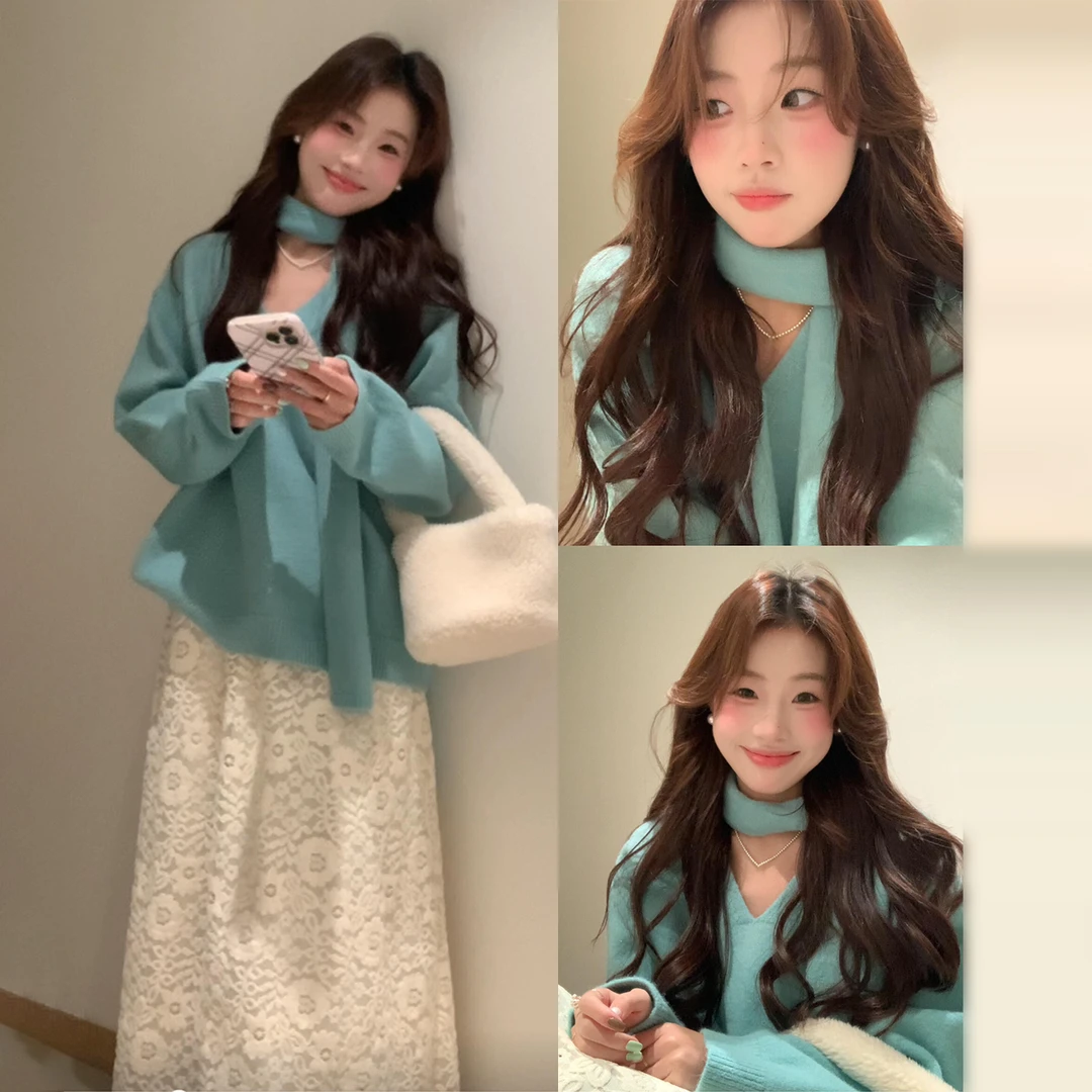 蓝色v领毛衣女秋冬季2026新款韩系慵懒高级感外穿内搭针织衫上衣