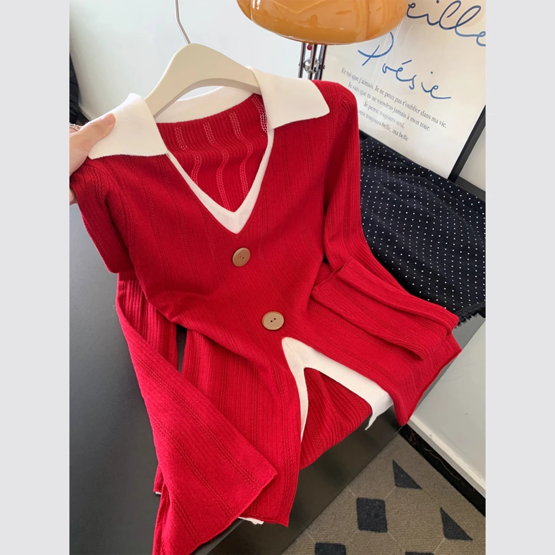 洋气设计感假两件翻领套头打底针织衫女百搭气质时尚秋季长袖上衣