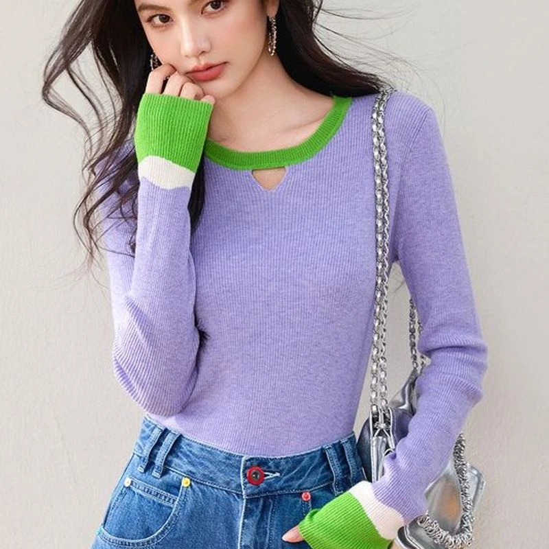 实拍◆现货撞色镂空针织衫女2025新款修身显瘦时尚减龄上衣潮