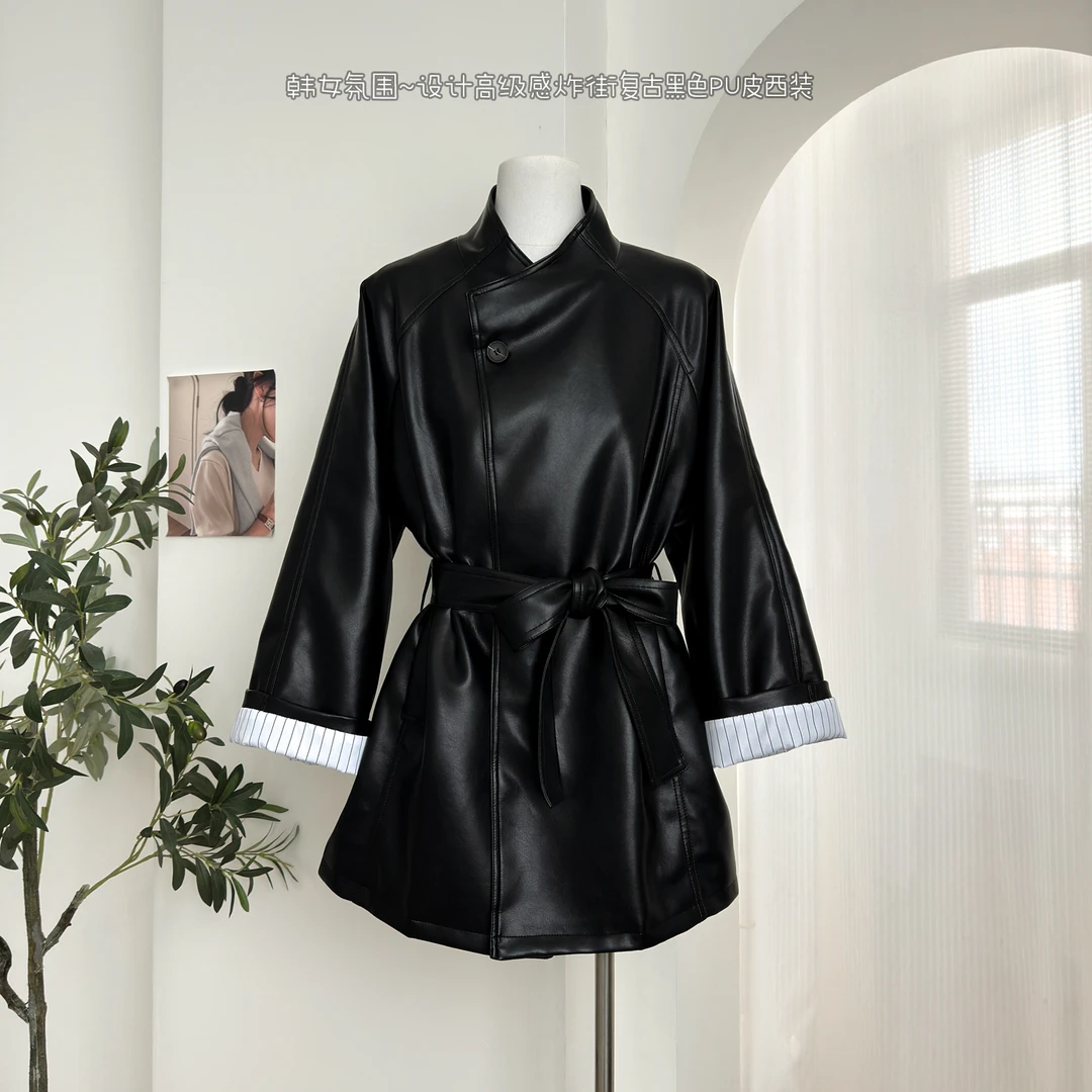 时尚现货~高级中长款炸街网红设计皮外套女2025黑色小个子皮衣