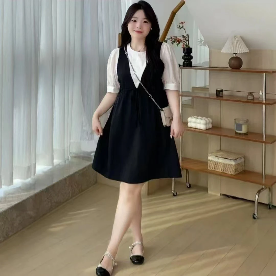 大码女装胖mm显瘦假两件连衣裙女夏季长裙胖妹妹宽松遮肉减龄裙子