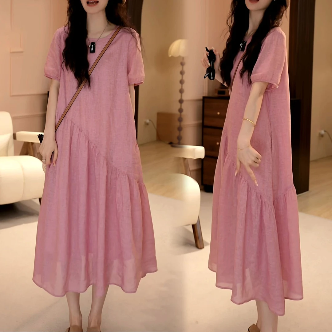 2025夏季新款时尚法式圆领中长款裙子女甜美泡泡袖宽松显瘦连衣裙