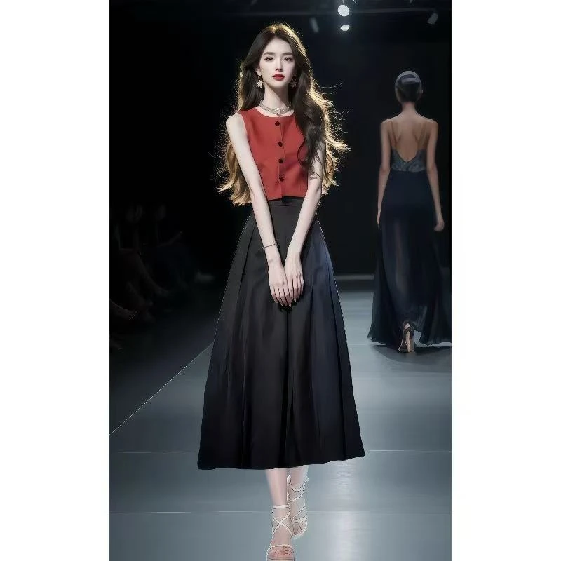 法式高级感别致女神范名媛小香风绝美红色背心上衣半身裙两件套装