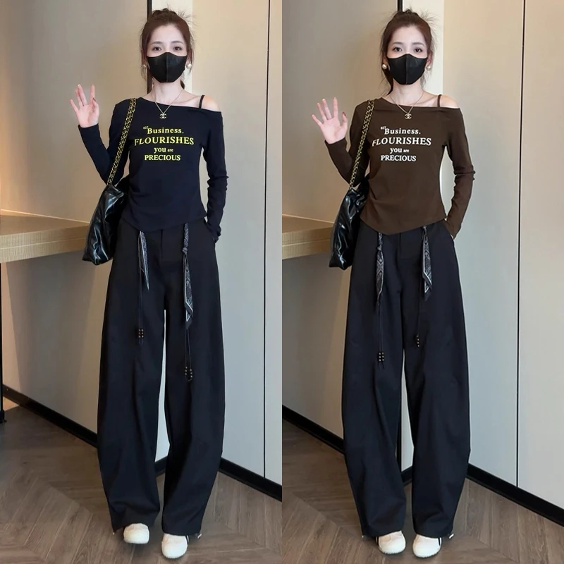 时尚设计感套装女2025秋季新款斜肩印花长袖T恤宽松阔腿裤两件套