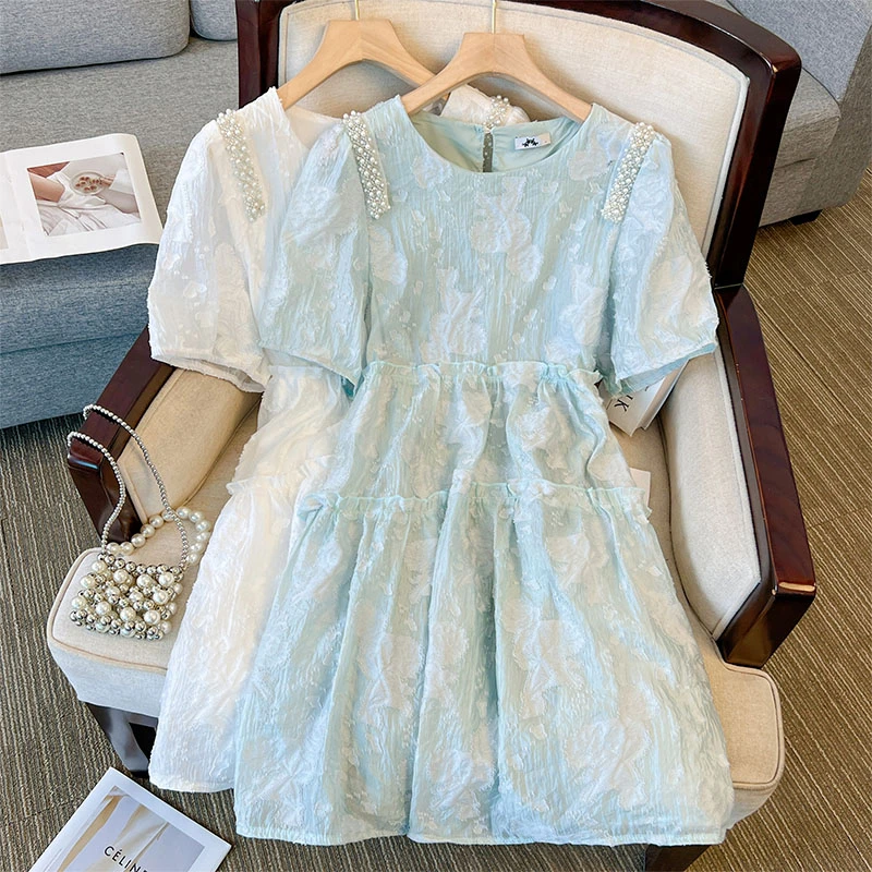 【63746】120-300斤大码女装胖mm春夏新款泡泡袖高腰娃娃连衣裙