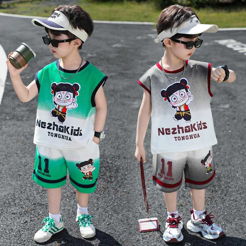 哪吒儿童衣服2025新款男童夏套装宝宝无袖背心夏装小男孩运动服装