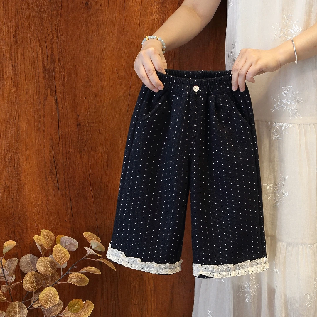 女童加绒直筒裤秋冬季新款宝宝洋气休闲长裤儿童一体绒圆点裤子