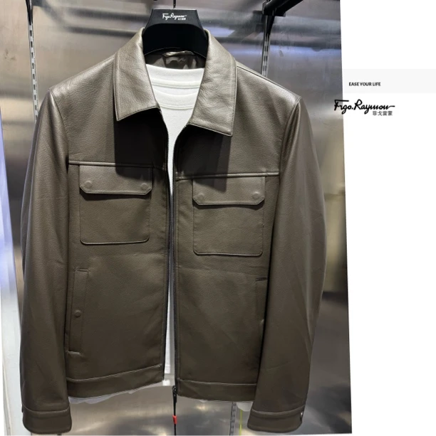 2025秋经典合身型翻领皮衣短款休闲皮夹克单款外套085男士