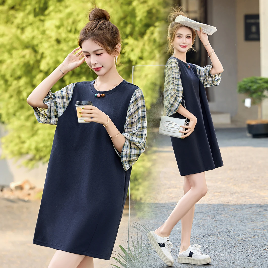 欧洲站2025夏季新款时尚百搭圆领拼接格子袖连衣裙女宽松显瘦长裙