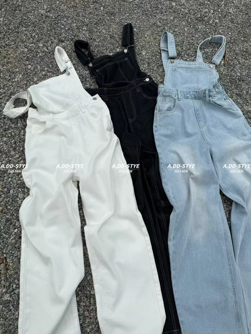 复古牛仔背带裤女2025早春新款设计感宽松直筒连体阔腿长裤