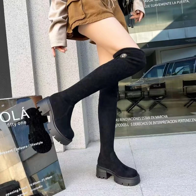 秋冬新款韩版通勤瘦瘦简约厚底裸靴过膝长靴169-8(加绒)