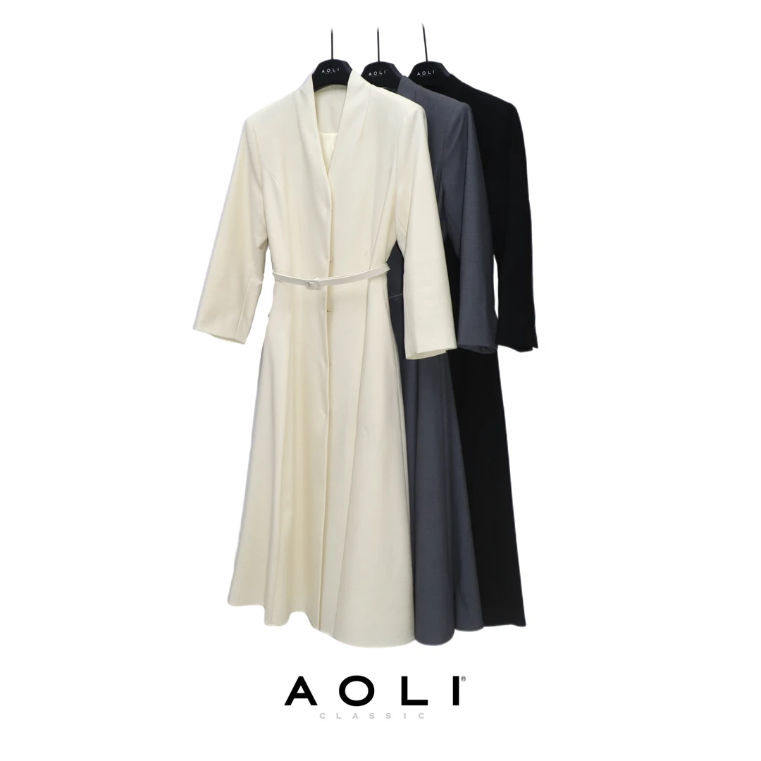 AOLI-知性魅力绽放杏色 V 领七分袖系带收腰优雅风衣25