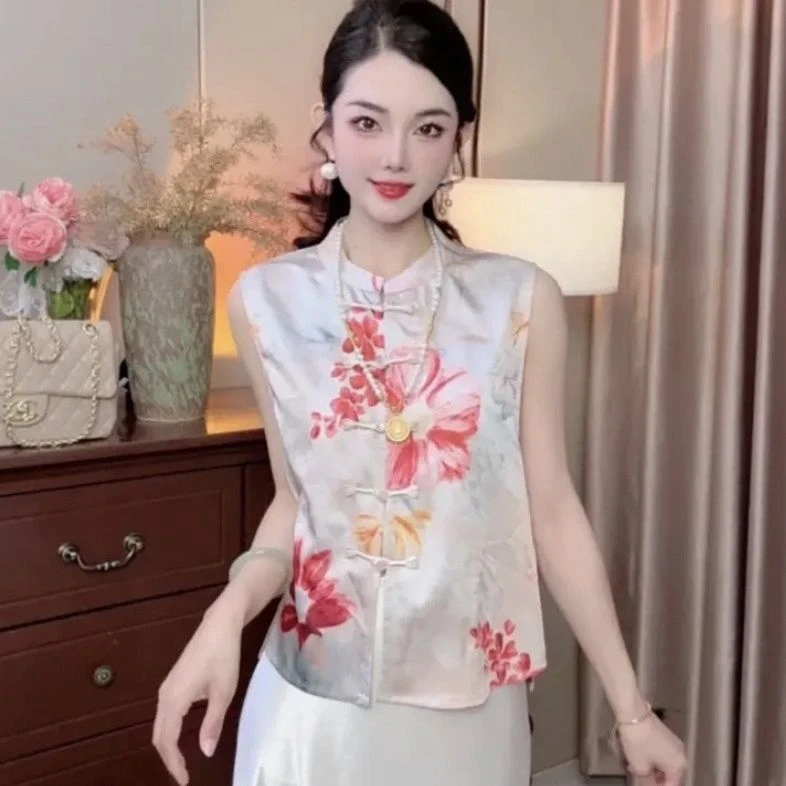 2025夏季新中式马甲百搭新款提花圆领常规款马夹无袖印花气质上衣