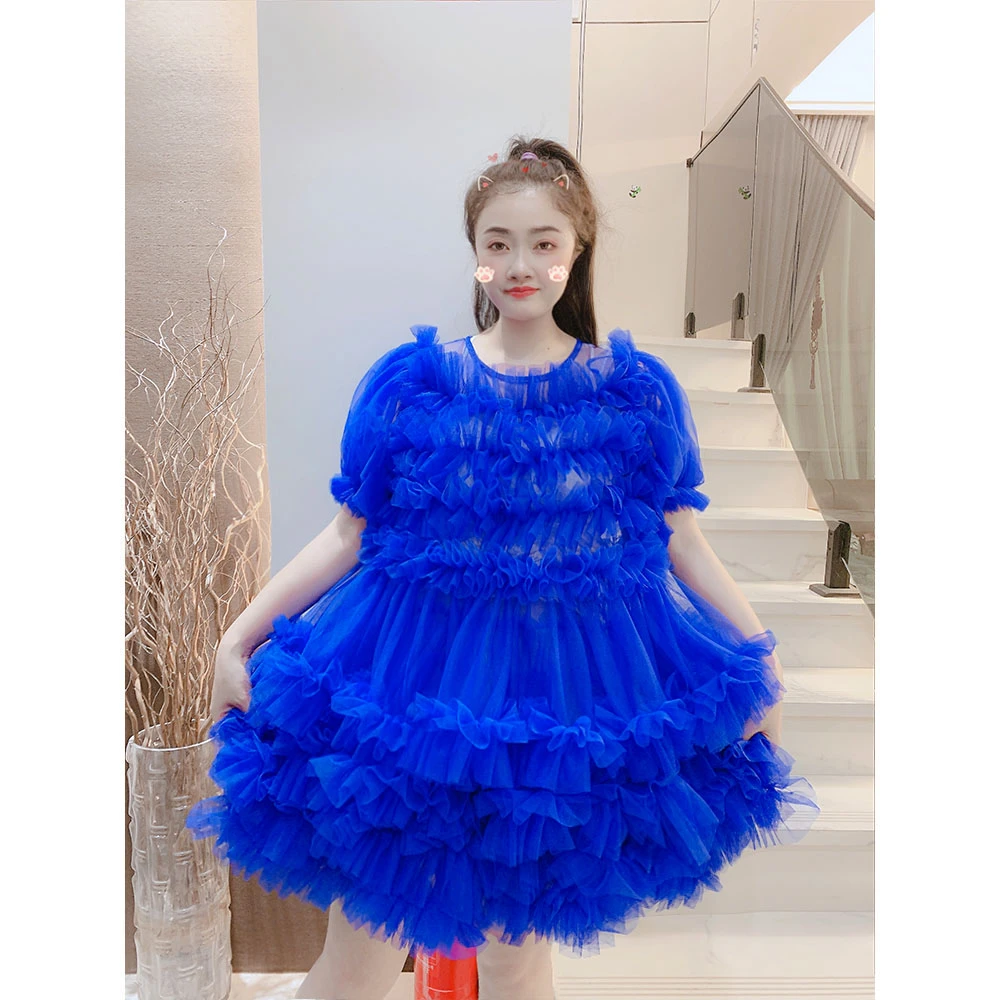 夏季新款设计师定制短袖拼接云朵网纱圆领蓬蓬裙女