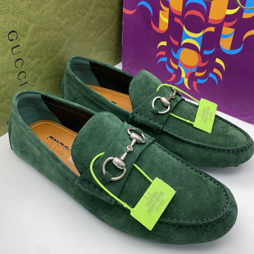 未使用 GUCCI/古驰 39.5/40.5/42码/绿色马衔扣豆豆鞋/全套