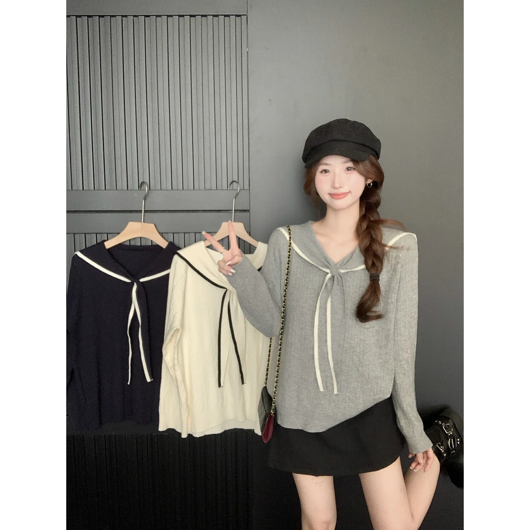 【鱼白专属】2025秋季大码学院风海军领长袖针织衫韩系上衣68662