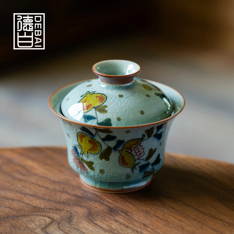 德白冰片釉纯手绘石榴二才盖碗陶瓷单个茶碗女士精致不烫手泡茶碗