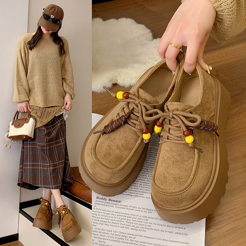 6CM~英伦风厚底增高博肯鞋女2025秋季新款复古百搭配裙子系带单鞋