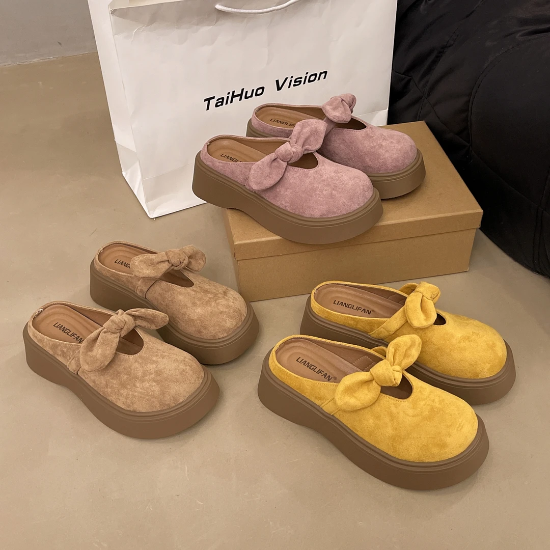 YYCORAL/宇逸瑚增高厚底法式中跟包头蝴蝶结ins半拖松糕底包头拖