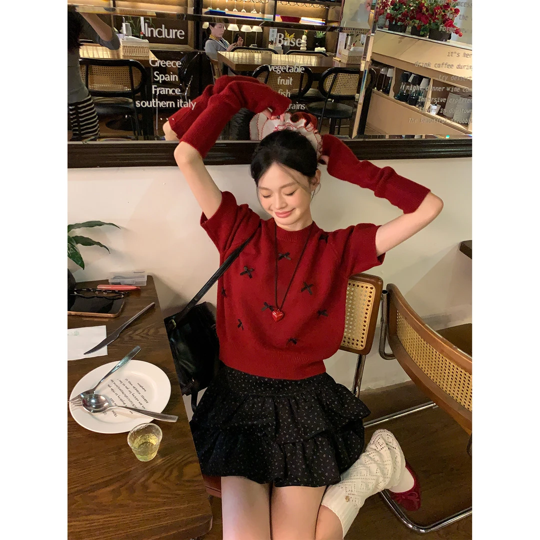 宋正恩复古红氛围感蝴蝶结泡泡袖毛衣女可拆卸高级感上衣ST09996