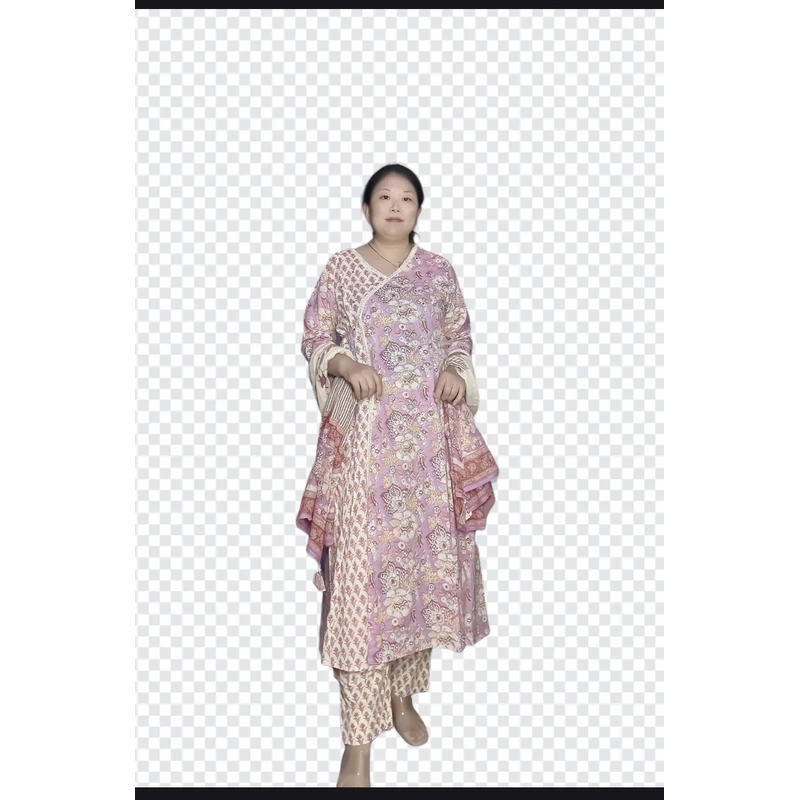 现货 印度纯棉粉色印花仿汉服连衣裙裤子围巾套装