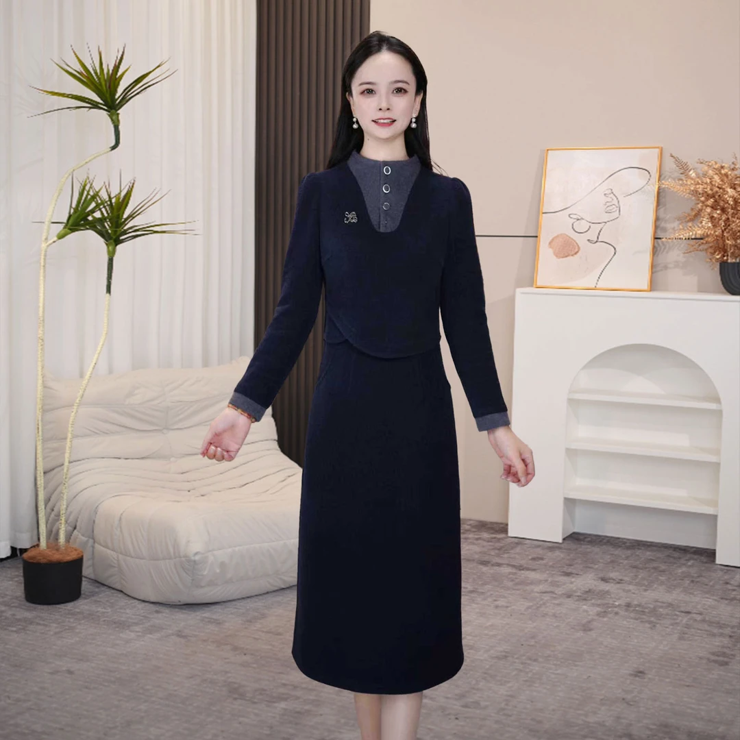 连衣裙收腰长裙长袖裙子显瘦气质洋气针织时尚显瘦收腰中长裙