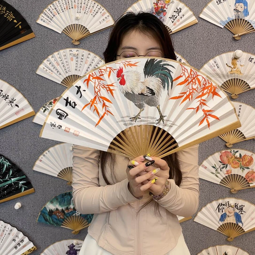 国画8寸玉竹-纯手绘-文玩扇骨（默认粘好）