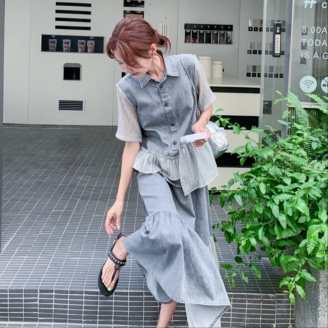 氛围感休闲套装裙女2025年夏季新款牛仔上衣拼接花边半身裙两件套