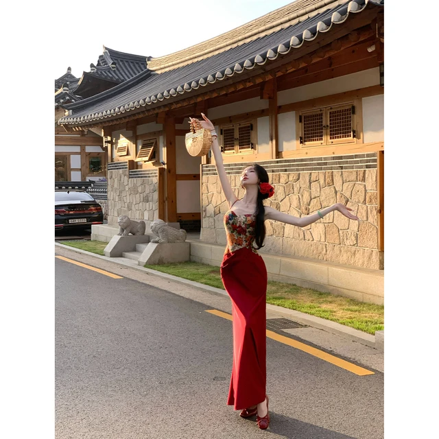 Sun雅乔【繁花】夏季新中式油画 划提花缎面拼接修身A字吊带长洋