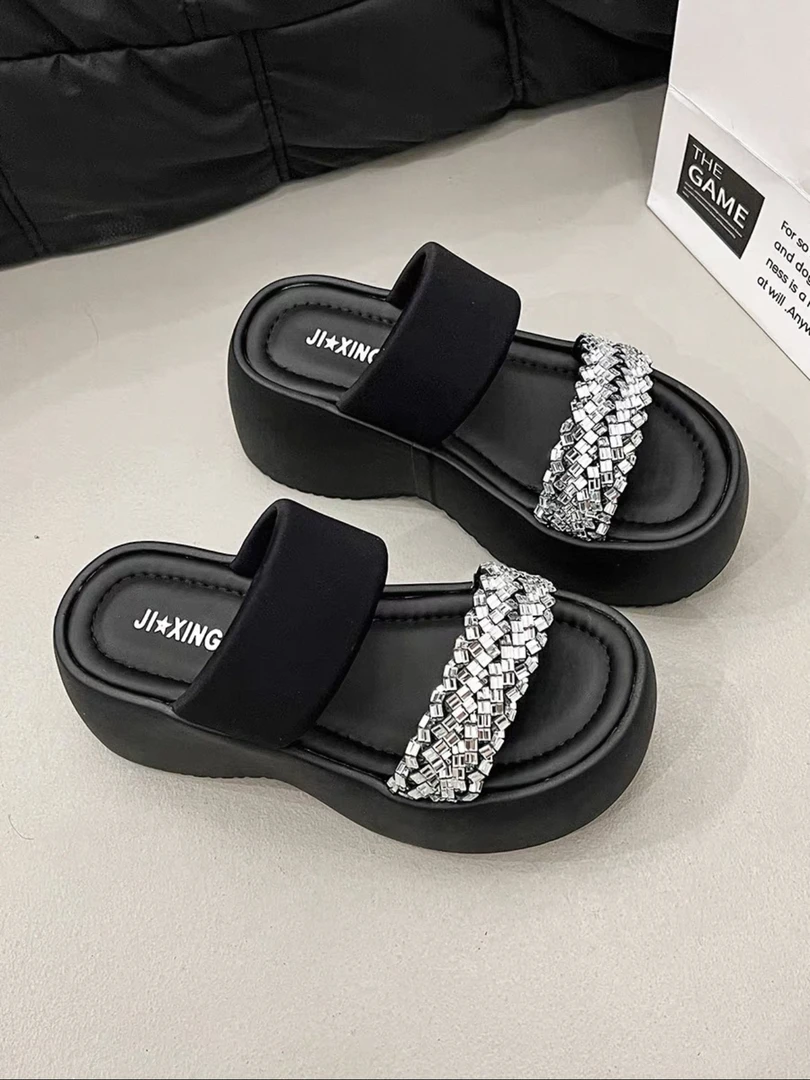 2566-6 【小雨】舒适凉拖鞋夏季新款时尚网红水钻洋气中跟法式女鞋