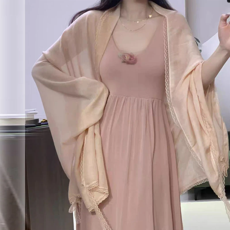 温柔风棉麻披肩春秋季设计小众纯色法式蕾丝蝴蝶结新中式旗袍披肩