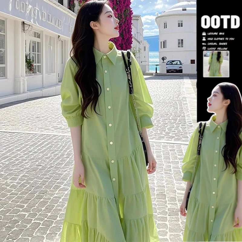 旅游度假风绿色衬衫连衣裙女2025春季新款A字裙减龄洋气长裙子女