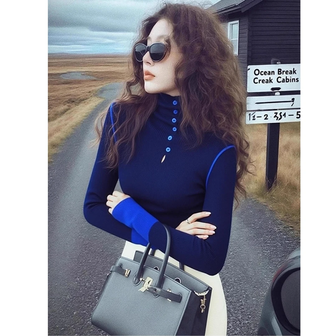 秋冬时髦感巨好看气质上衣韩系独特漂亮高级感蓝色高领针织打底衫