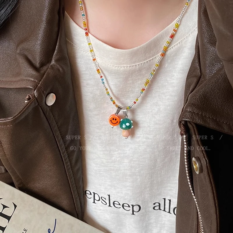 铜树脂项链 多巴胺彩色串珠笑脸蘑菇吊坠项链女春夏锁骨链颈链潮