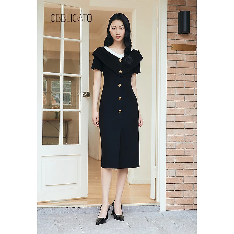 OBBLIGATO奥丽嘉朵1C65205150专选2025夏季新品压褶中古扣连衣裙