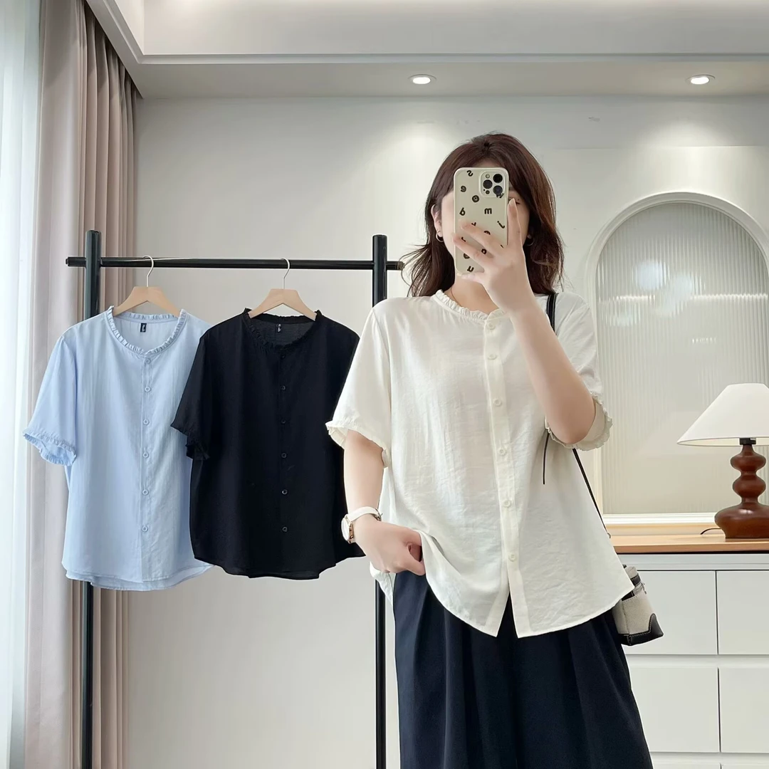 百搭休闲衬衣木耳衬衫成人短袖夏季小衫轻职风常规